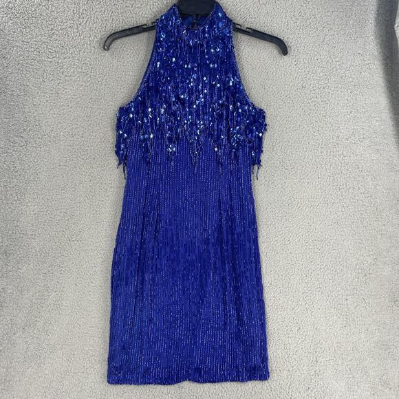 Vtg Nite Line Dress Womens 6 Royal Blue Beaded Sequin Silk Cocktail Party Formal - Picture 1 of 16